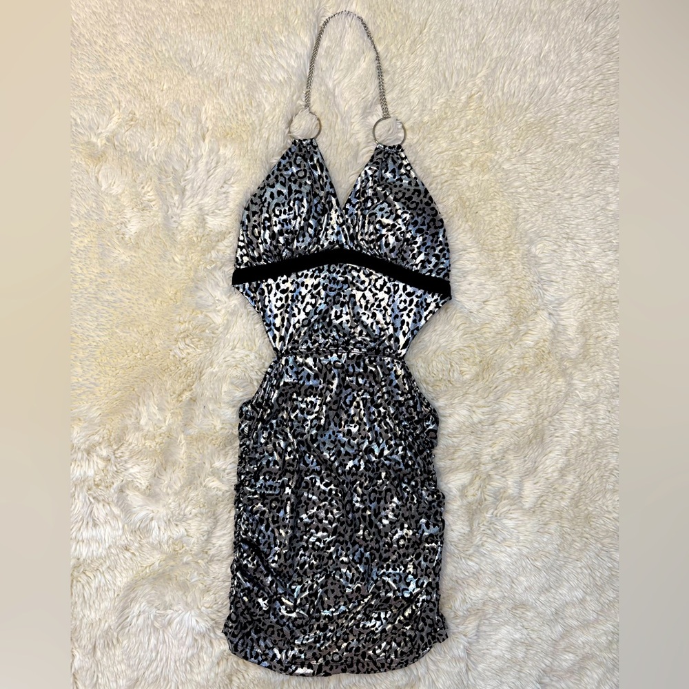 Silver Metallic Leopard Print Chain Halter Neck Side Cutout Ruched Mini Dress